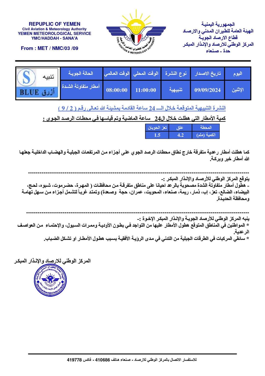 مركز الأرصاد الوطني اليمني يصدر نشرته الجوية باللون الازرق