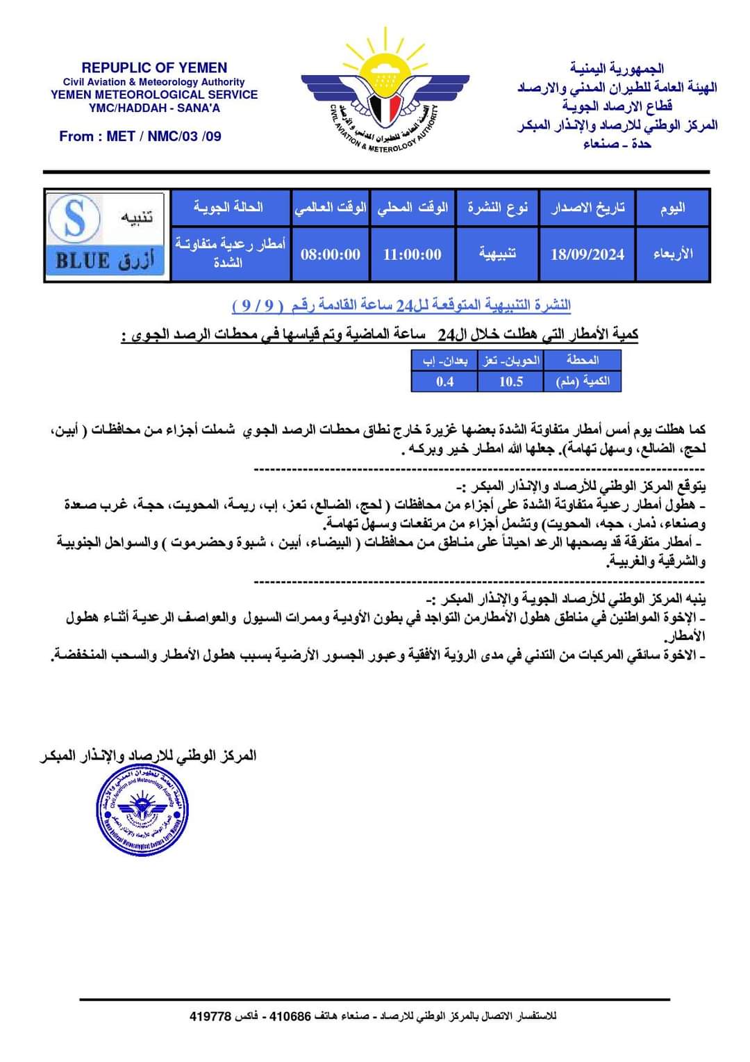 أمطار رعدية متفاوتة الشدة خلال ل24 ساعة بعدد من المحافظات