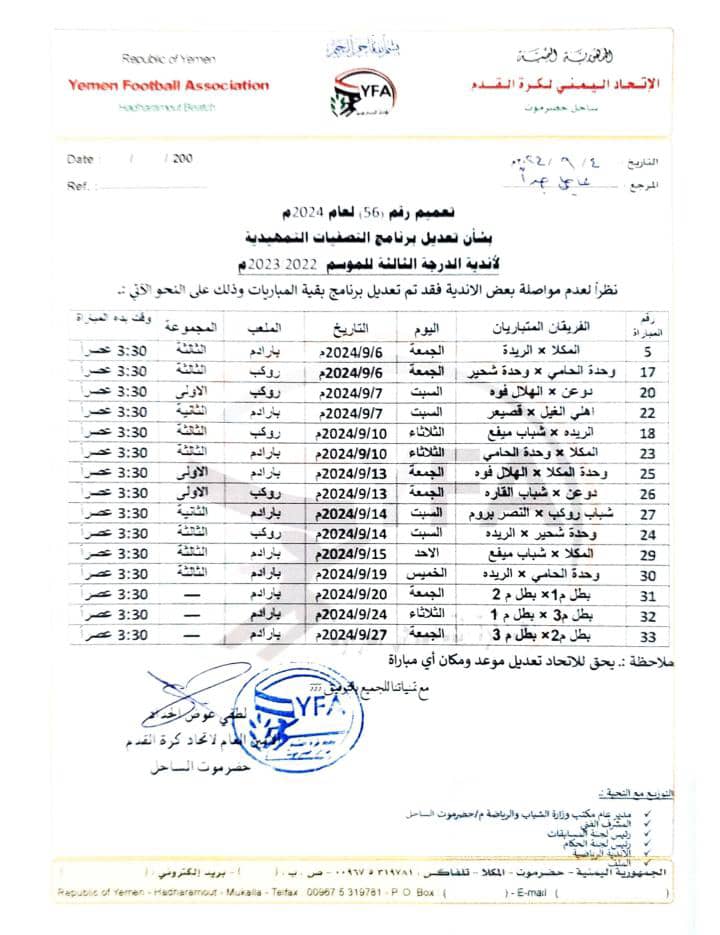 إتحاد قدم الساحل يصدر تعديلا لبرنامج مباريات تصفيات أندية ساحل حضرموت