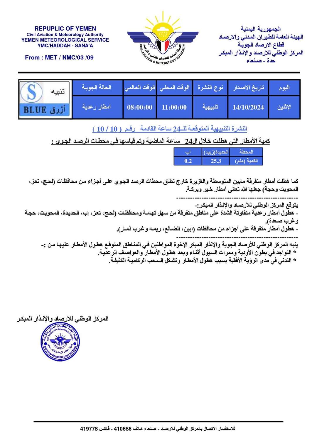 المركز الوطني للارصاد يصف الحالة الجوية خلال 24 ساعة بسقوط أمطار رعدية