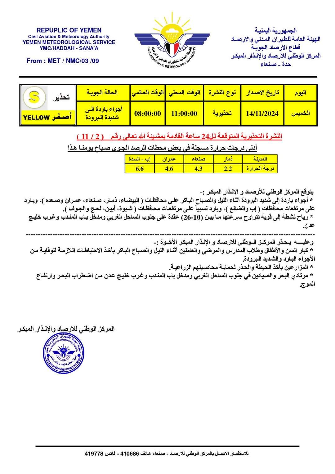 مركز الأرصاد اليمني يصدر نشرة تحذيرية لأجواء باردة إلى شديدة البرودة