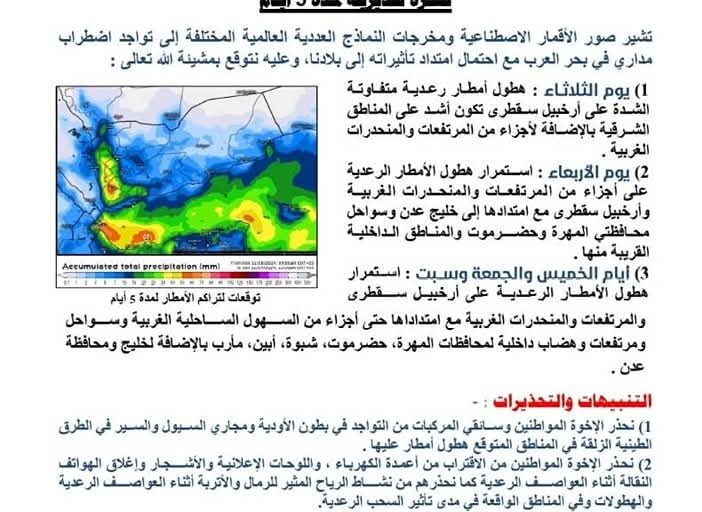 مركز الأنذار المبكر يحذر من اضطراب مداري، وهطول امطار رعدية على عدد من المحافظات بينها شبوة