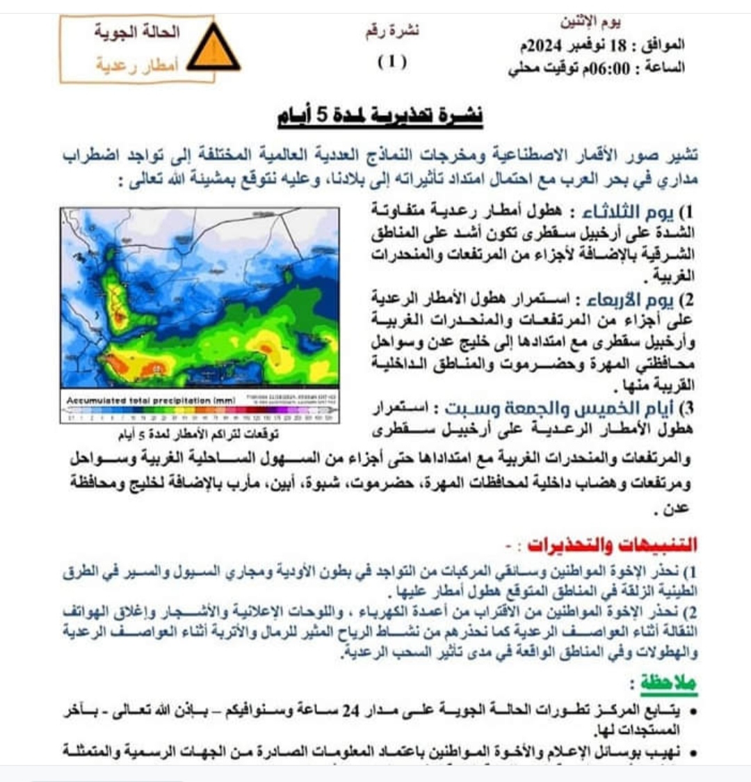 الأرصاد تحذر من اضطراب مداري في بحر العرب واحتمال امتداد تأثيراته لبلادنا