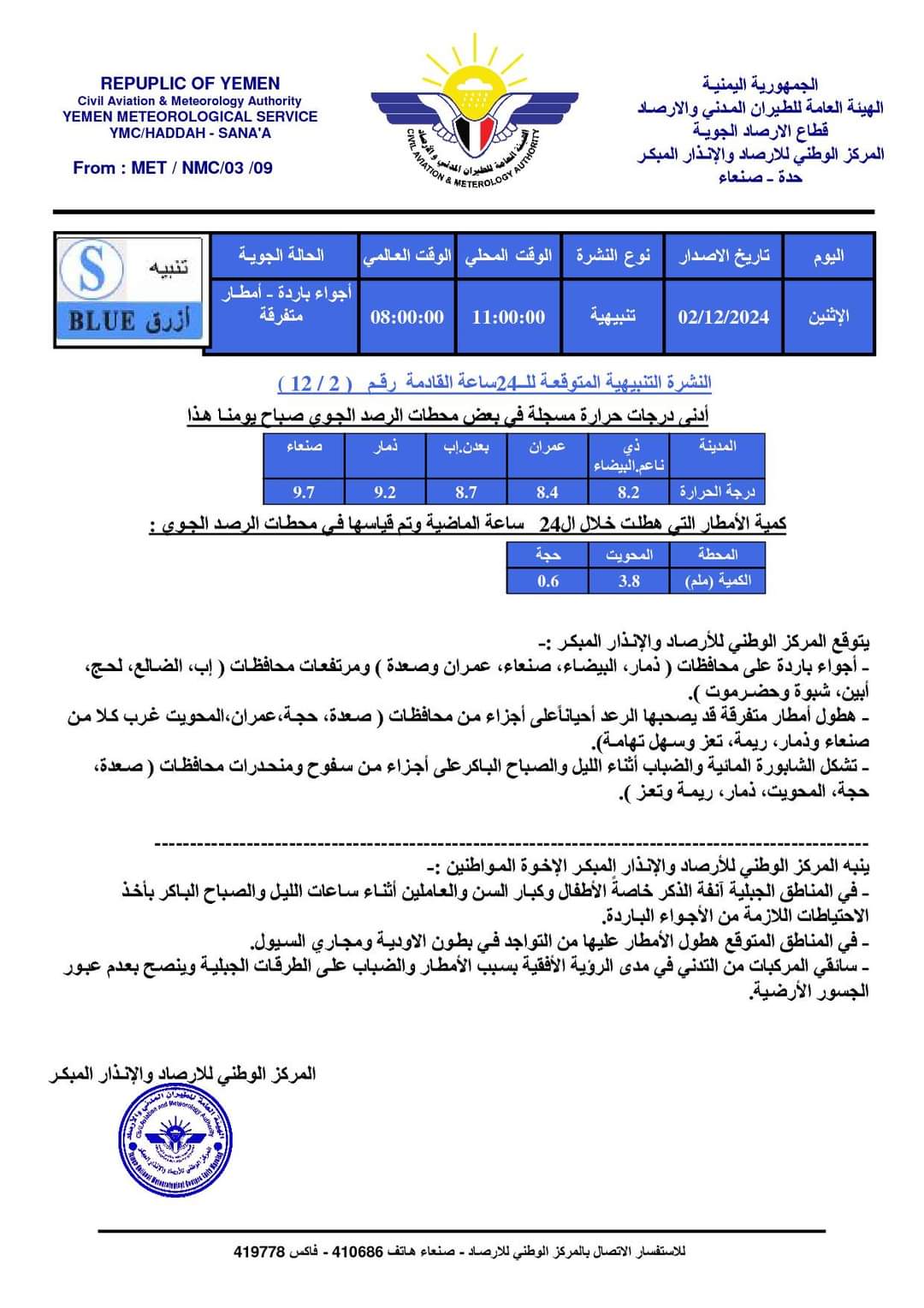 مركز الأرصاد اليمني يتوقع أجواء باردة وأمطار متفرقة خلال 24 ساعة