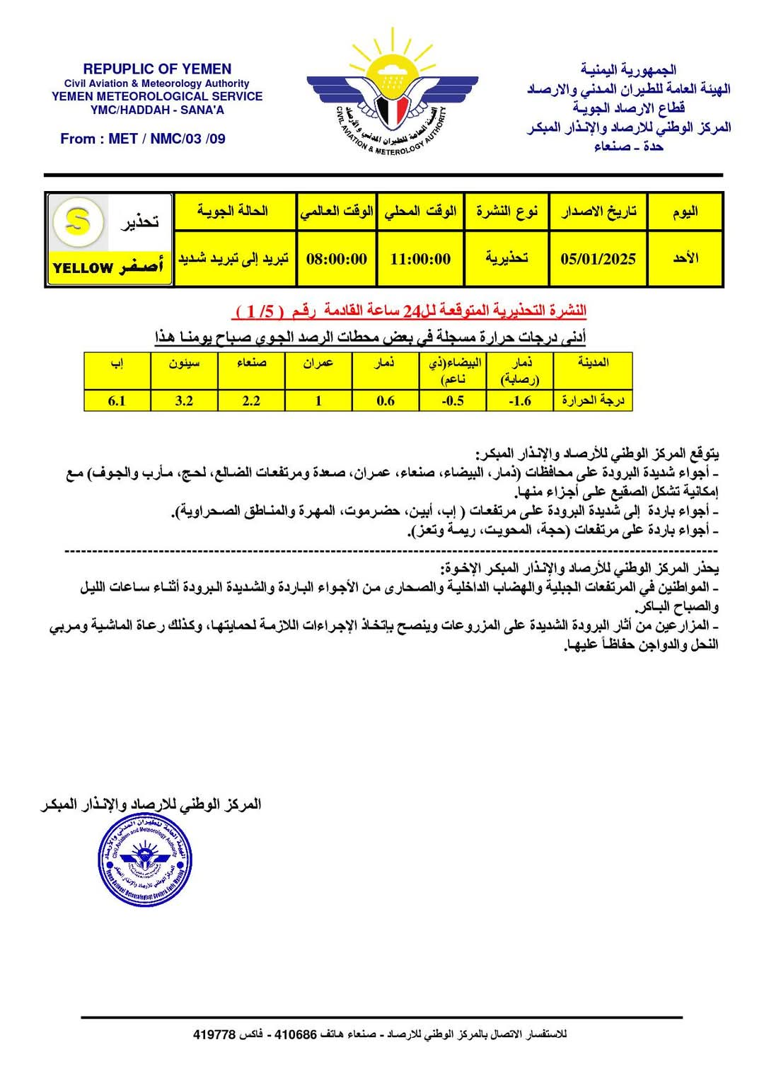 مركز الأرصاد والانذار المبكر اليمني يحذر من جو تبريد إلى تبريد شديد